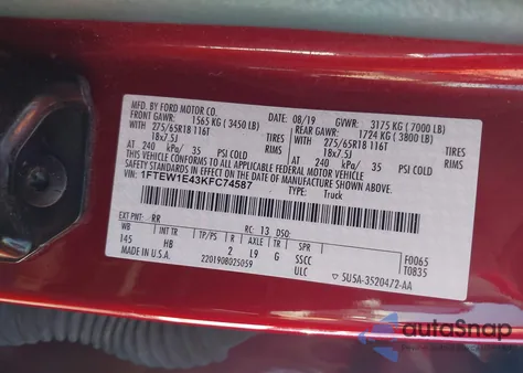 2019 Ford F-150 Lariat from USA, damaged, VIN 1FTEW1E43KFC74587